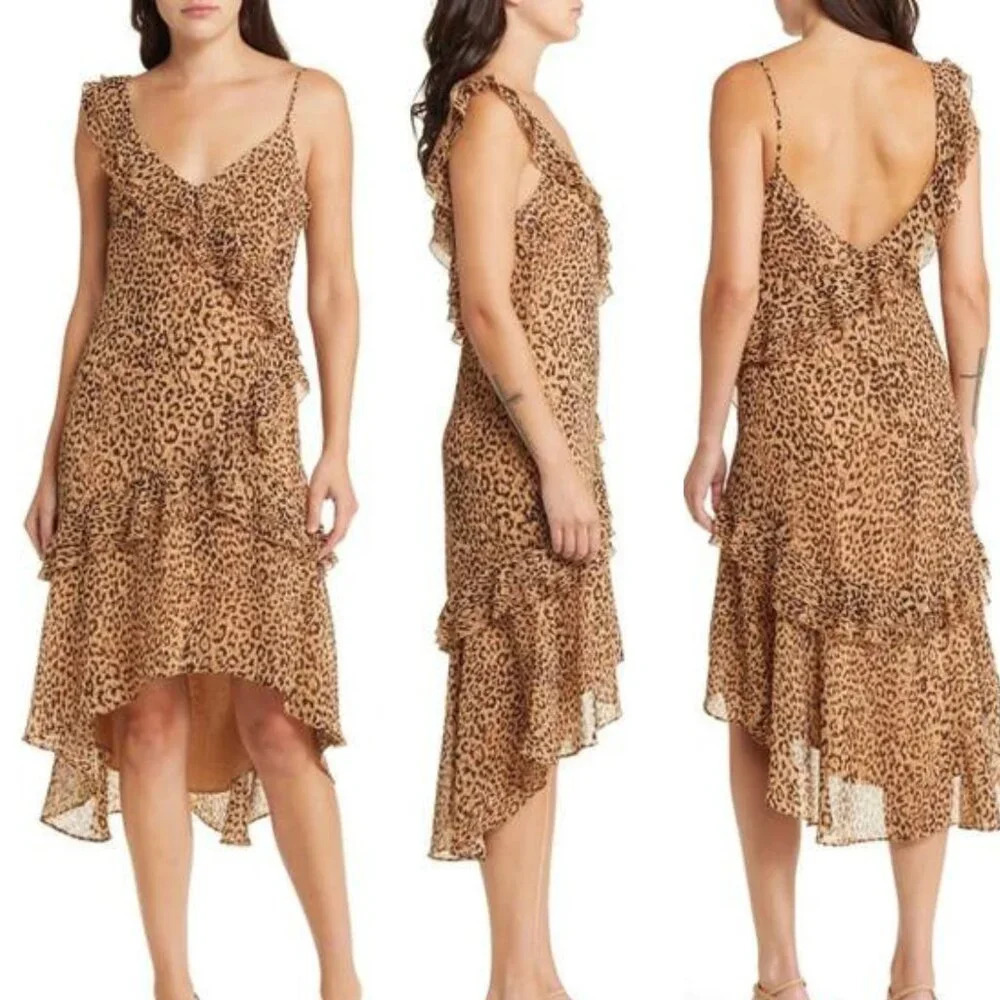New! Charles Henry Brown Leopard Print Tiered Ruffle Dress nwt 22417